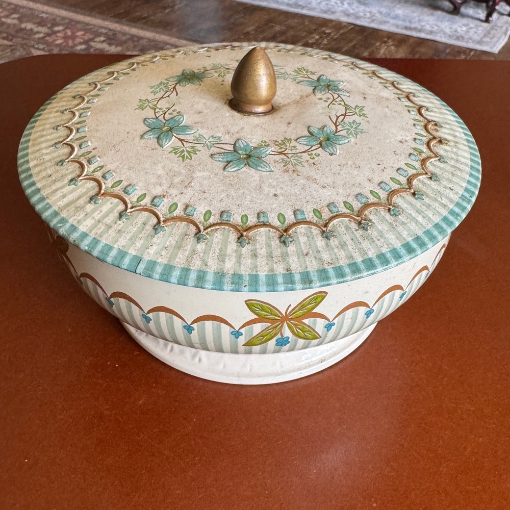 Vintage Floral Metal Tin Pedestal Bowl with Lid Teal Green Gold Shabby Chic